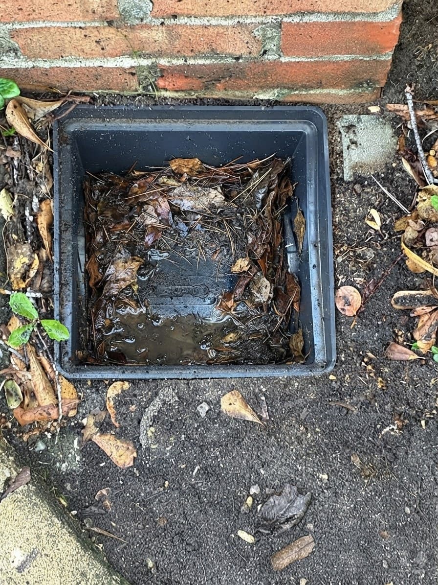 Catch basin packed to the rim with wet leaf litter and silt sitting above the outlet