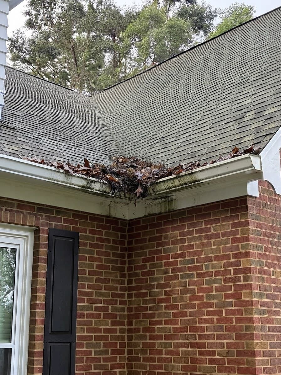 Gutter run at a roof valley packed with leaf mat and branch litter above the downspout