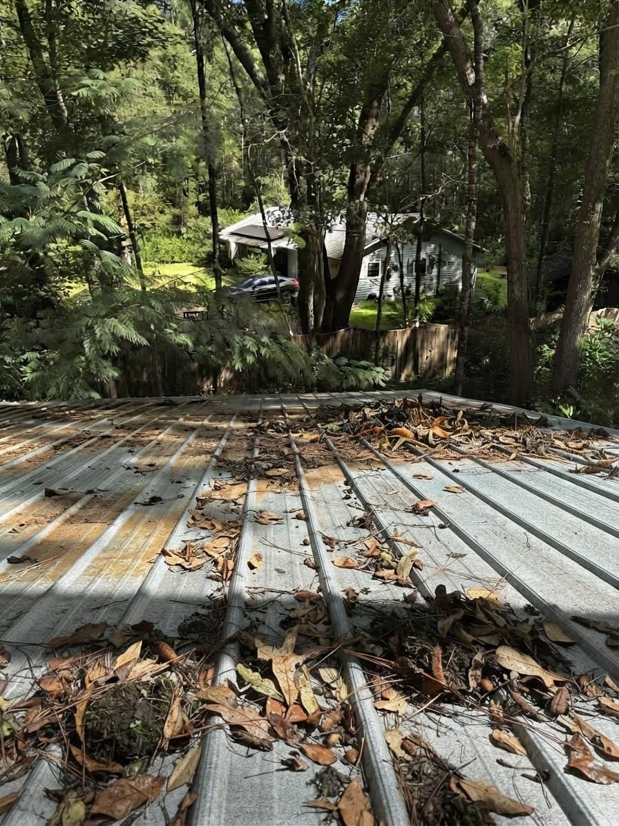 Metal roof panels buried under wet leaf litter with the drainage channels blocked